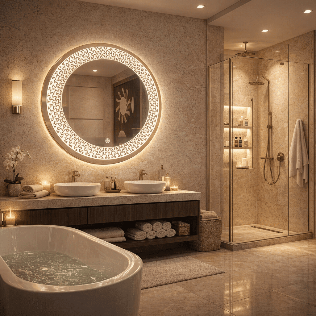 legant Marble Bathroom with Designer Round LED Mirror 2