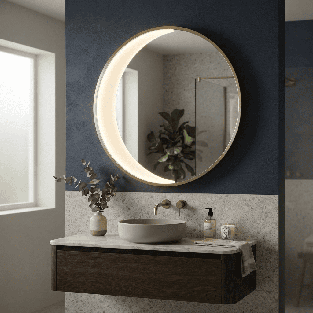 Lunar Glow Round LED Mirror – Crescent Design