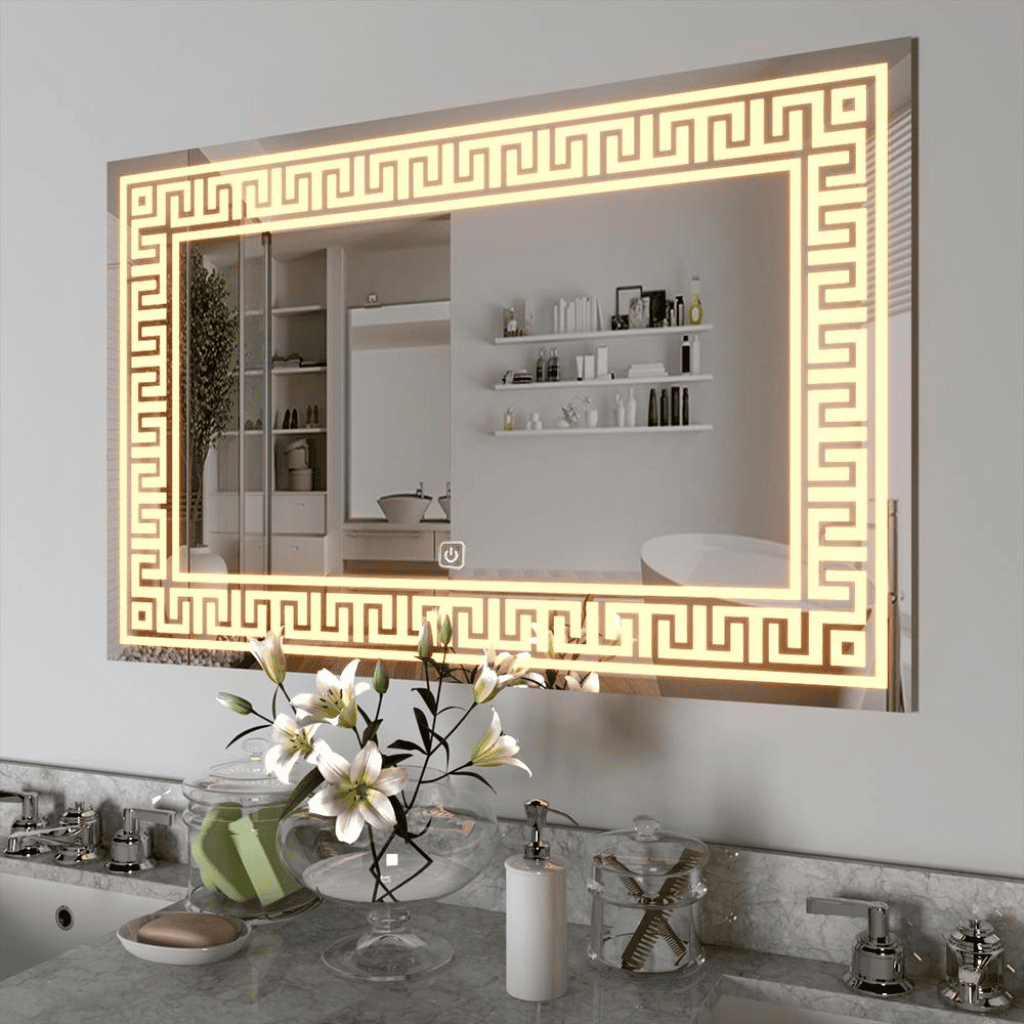 Greek Key LED Mirror – Decorative Bathroom Mirror with Illuminated Light Border 1