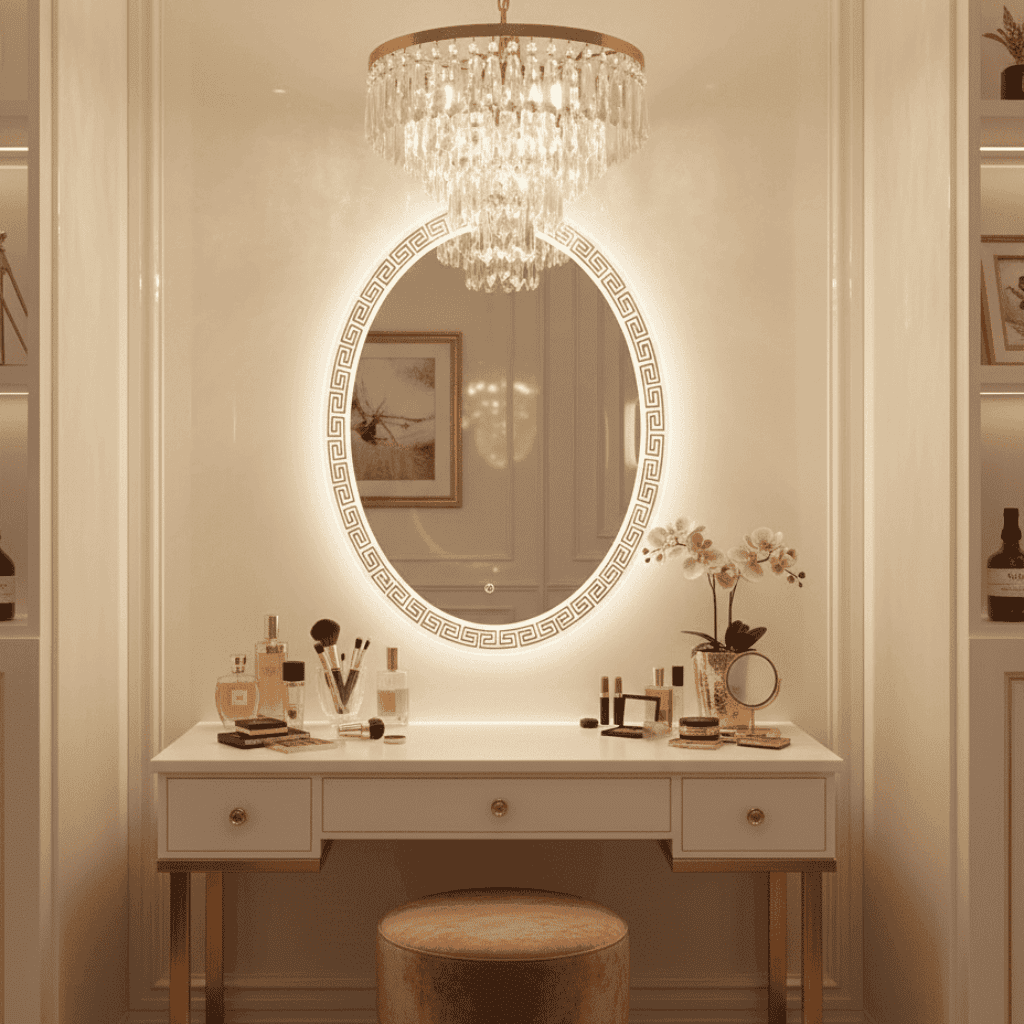 Grecian Glow Oval Mirror with LED Backlight and Etched Border 1