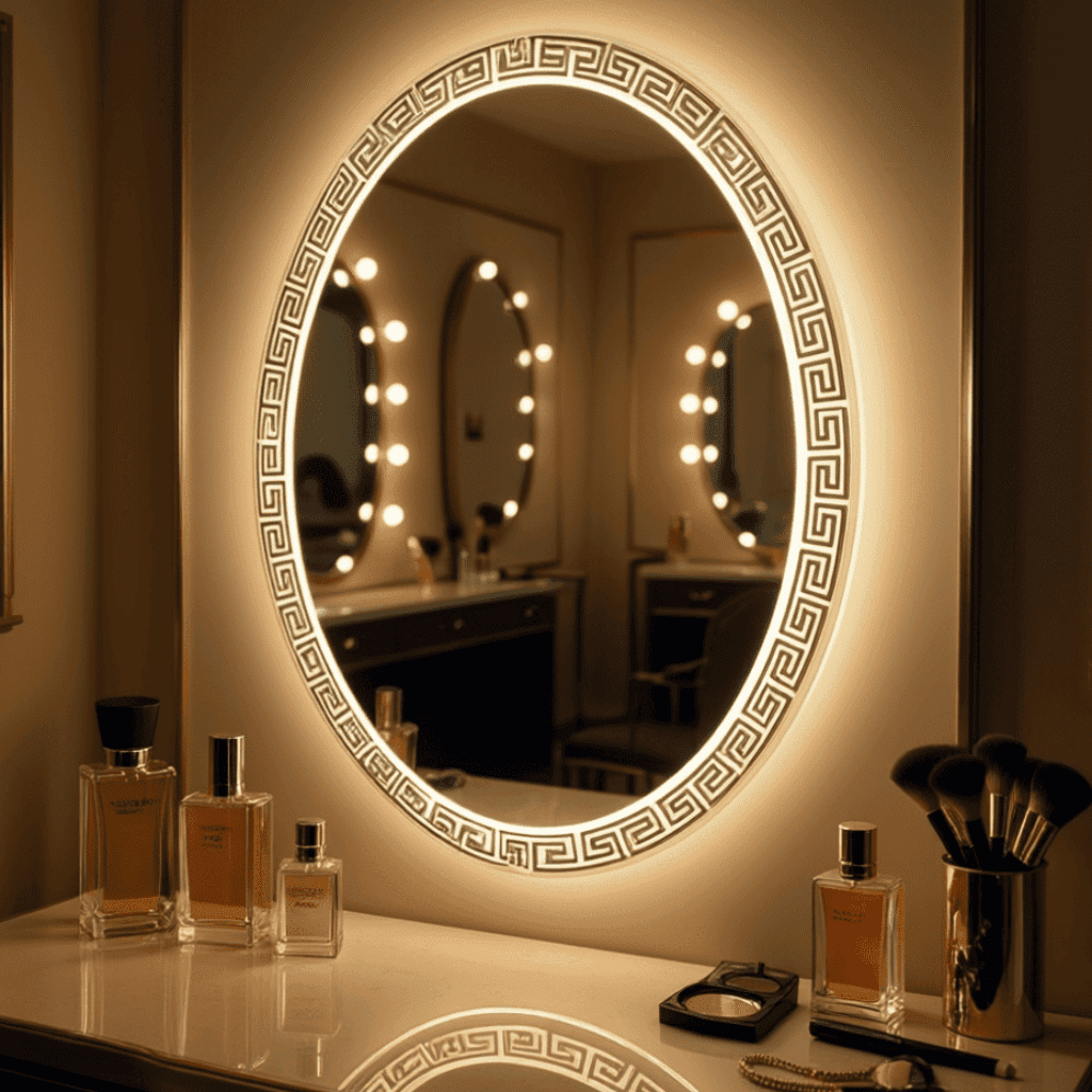Grecian Glow Oval Mirror with LED Backlight and Etched Border