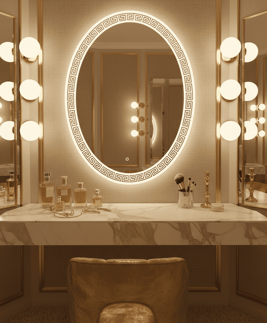 Grecian Glow Oval Mirror with LED Backlight and Etched Border