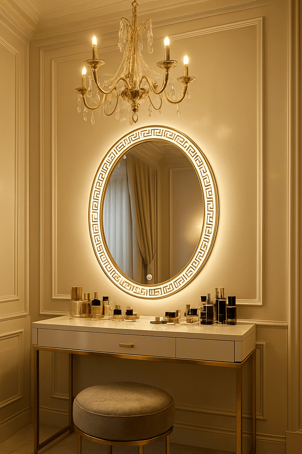Grecian Glow Oval Mirror with LED Backlight and Etched Border