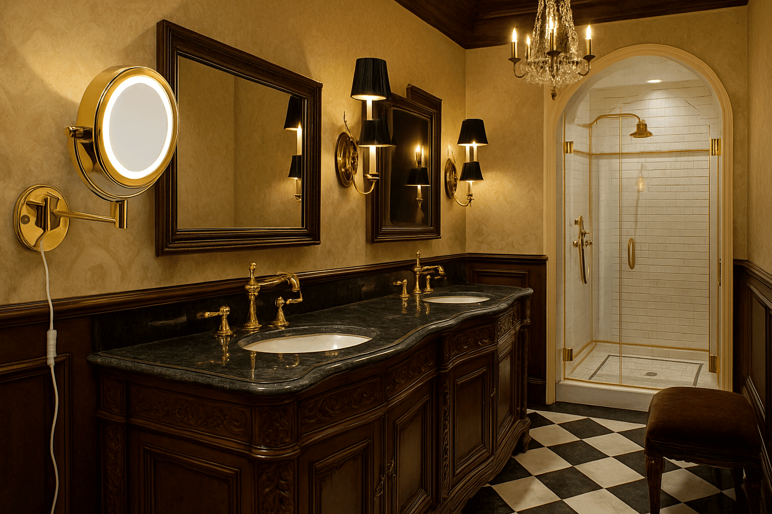 LuxEdge Wall-Mounted Gold LED Magnifying Mirror with Adjustable Arm 1