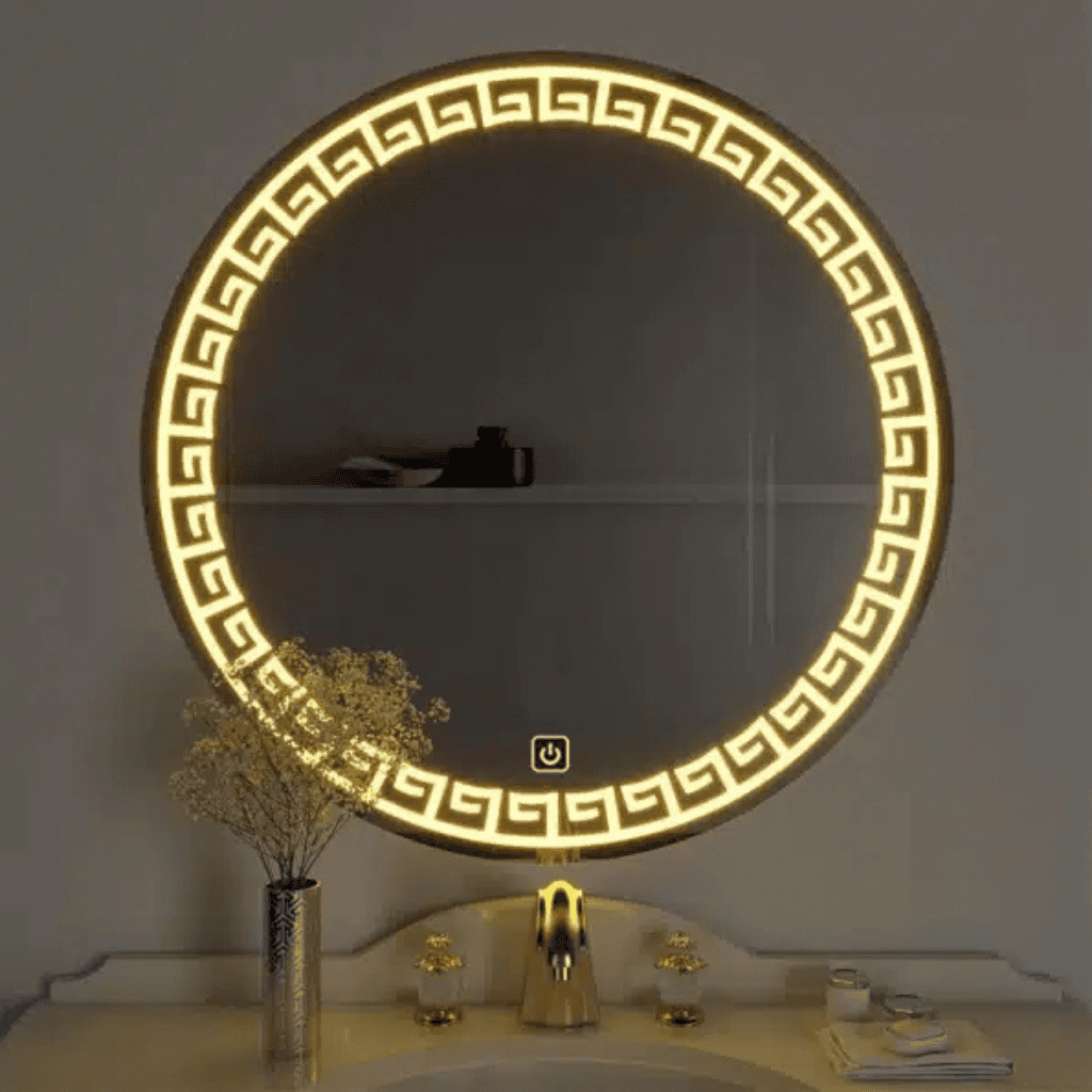 Luxury Greek Key LED Mirror – Round Golden Glow Edition 1