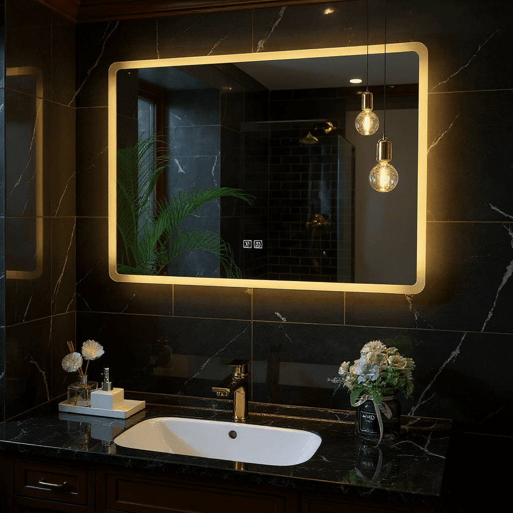Rectangular LED Bathroom Mirror with Yellow 3000K Backlight – Modern Design with Soft Ambient Lighting 1