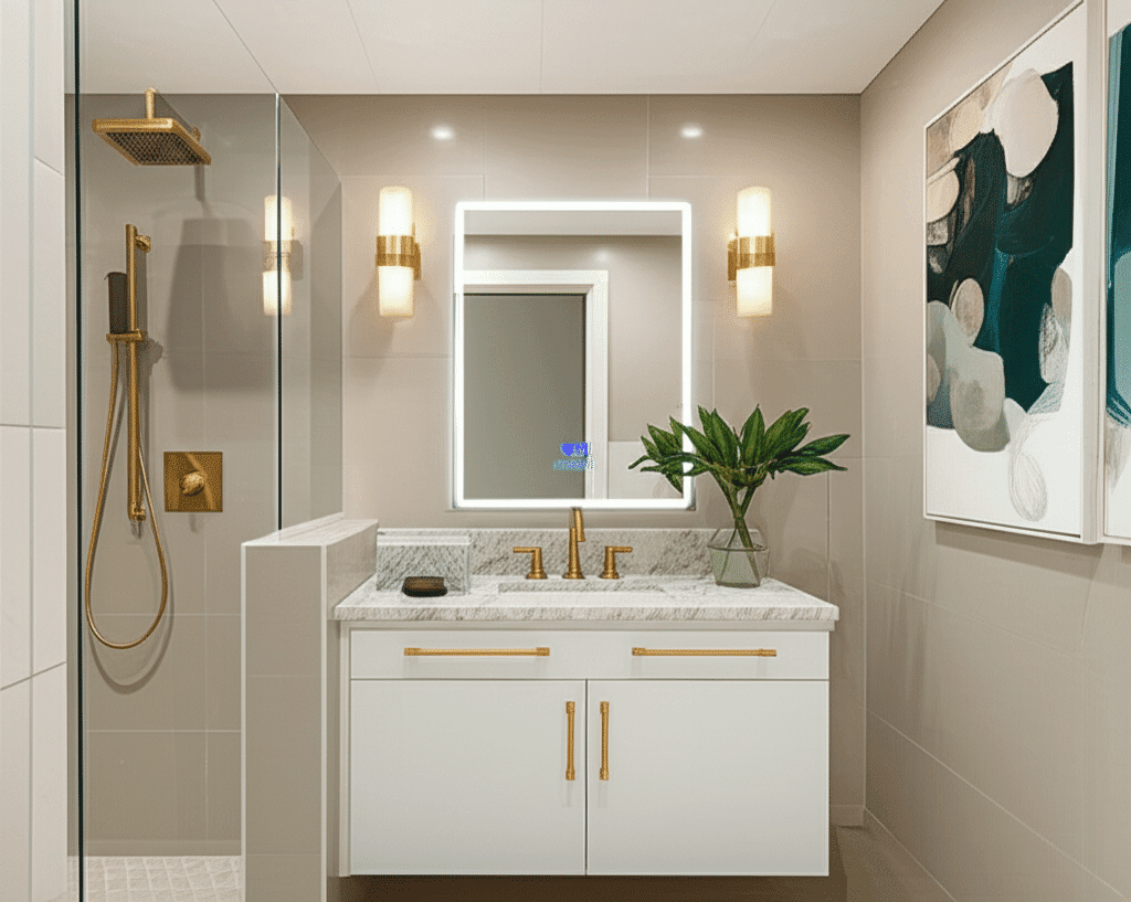 Rectangular LED Mirror with Built-in Time and Temperature Display | Modern Bathroom Mirror 1
