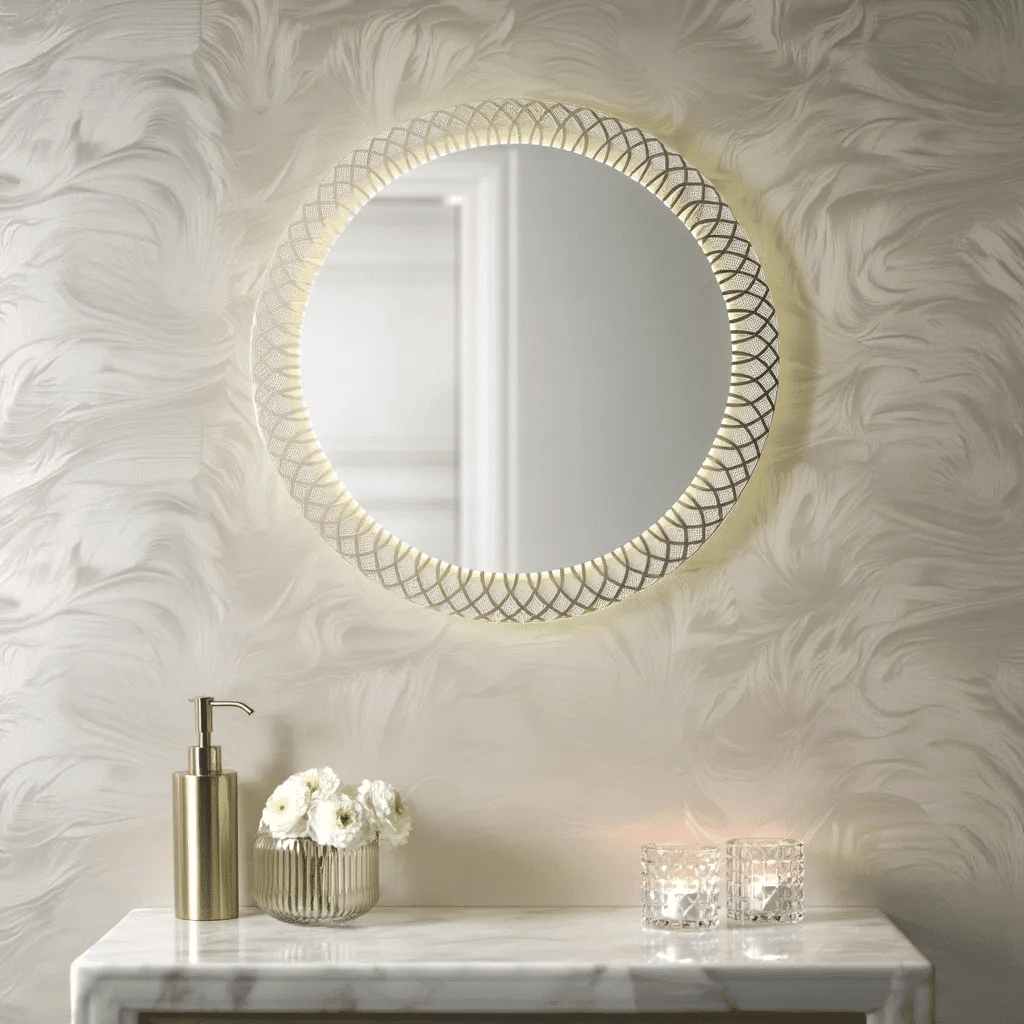 Designer Pattern Round LED Mirror with Ambient Glow & Anti-Fog