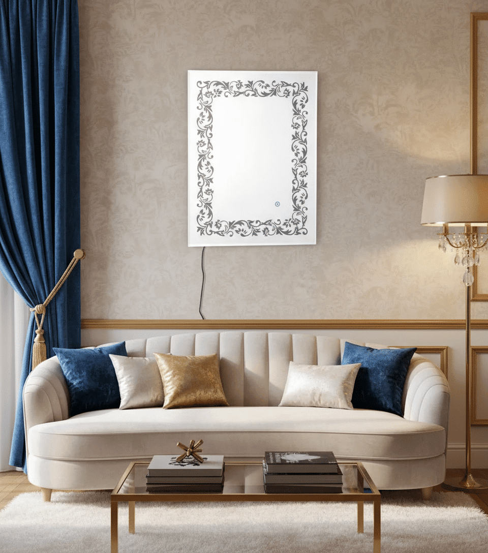 BaroqueGlow™ Ornamental LED Mirror India – Etched Purple Floral Frame Vanity Mirror with Touch Sensor 2