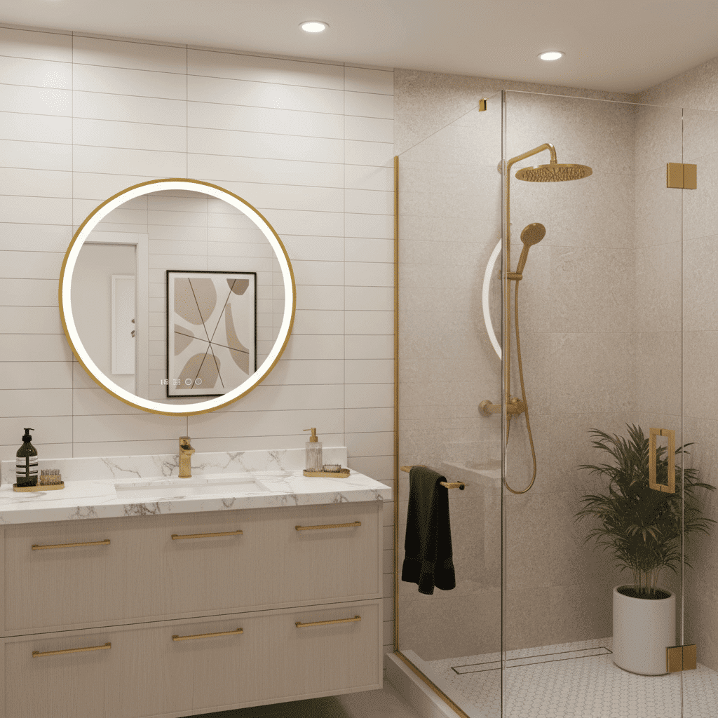 Modern Bathroom with Round LED Mirror and Warm Ambient Lighting