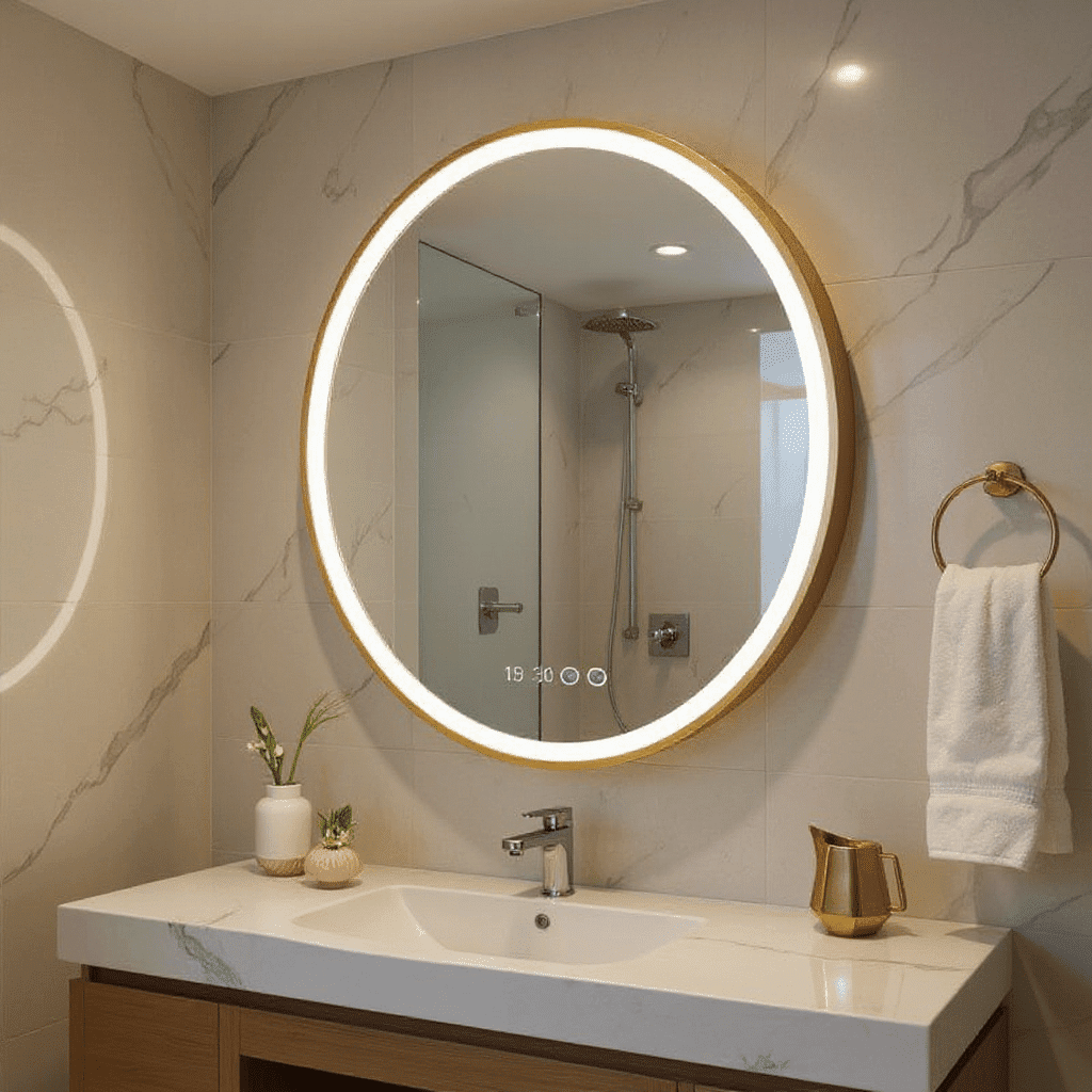 Modern Bathroom with Round LED Mirror and Warm Ambient Lighting