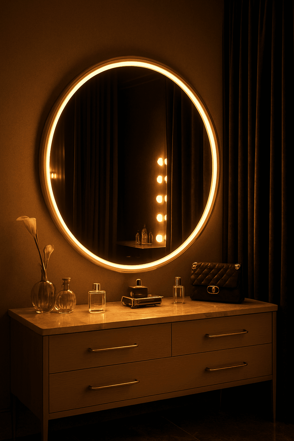 Modern Bathroom with Round LED Mirror and Warm Ambient Lighting