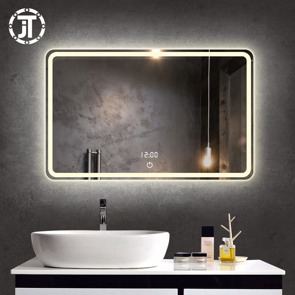 Modern Rectangular LED Bathroom Mirror with Digital Clock Display