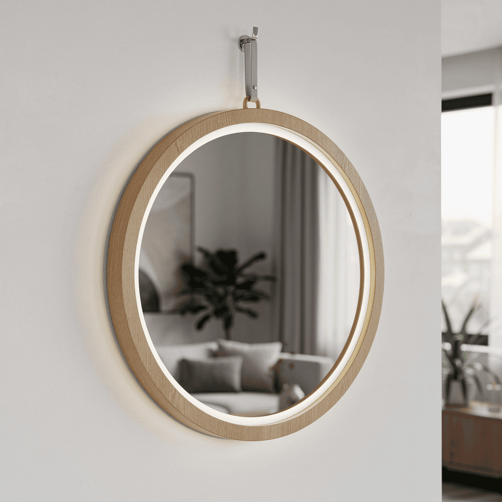 Hanging Round LED Mirror with Strap – Modern Vanity Mirror with Touch Sensor