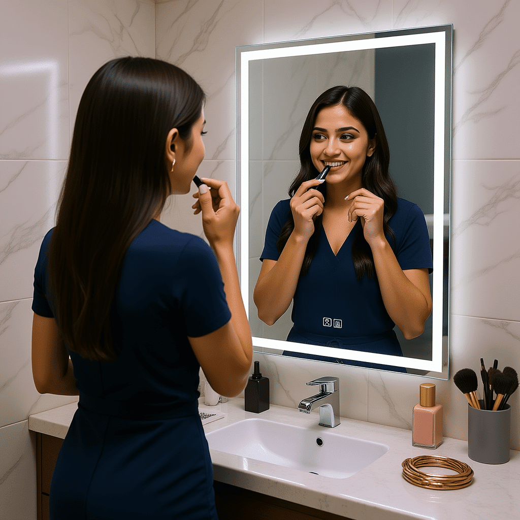 led rectangle mirror grey wall