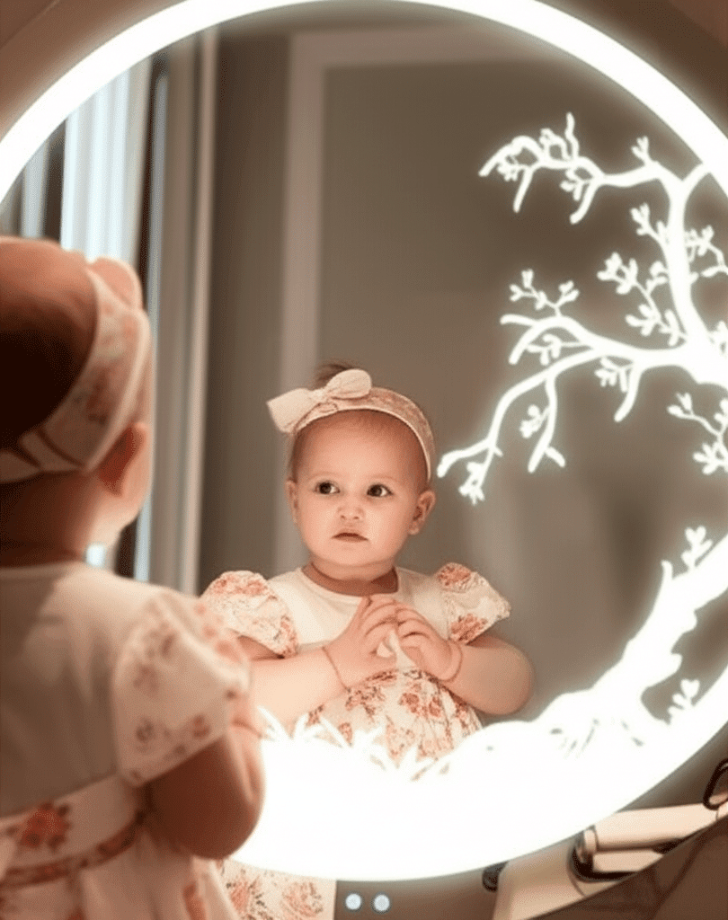 Circular LED Mirror with Artistic Tree Design and Ambient Lighting 1