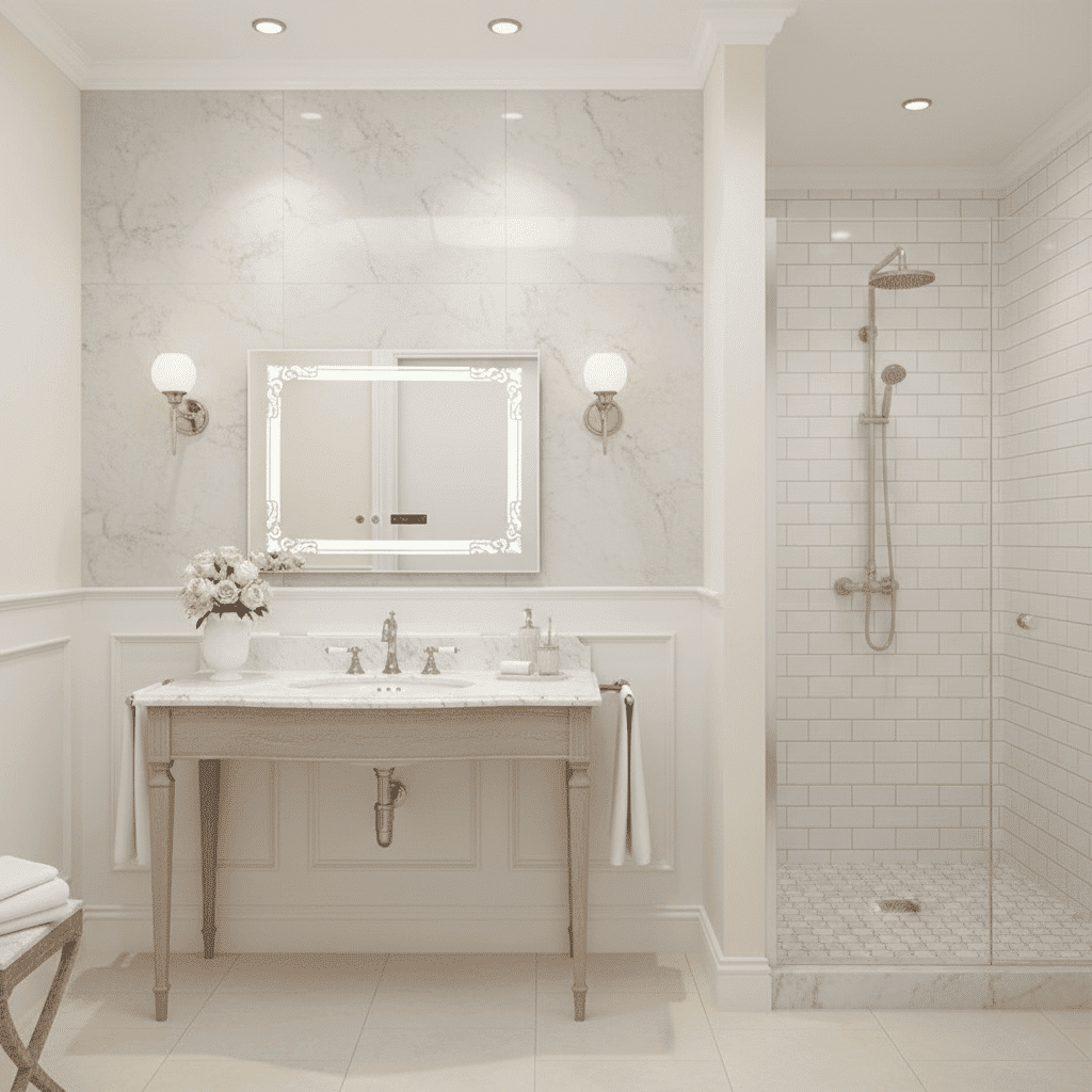 Rectangular LED Mirror with Digital Display and Ornate Border for Modern Bathrooms 2