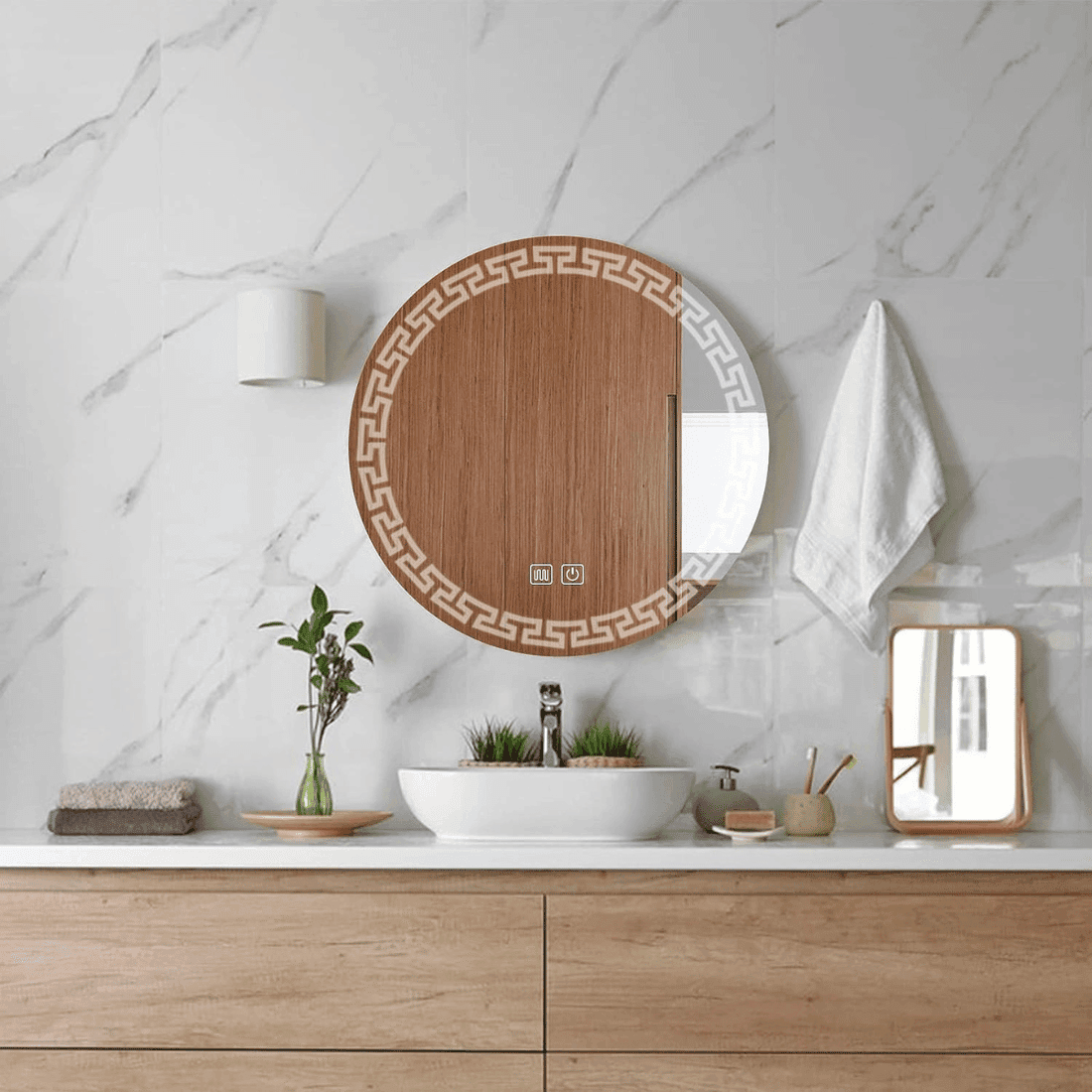 Round LED Mirror with Greek Key Frame & Digital Display