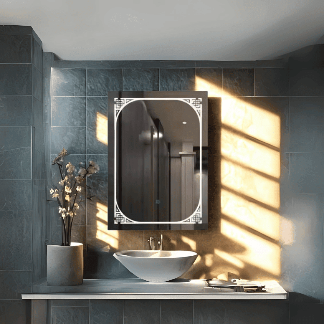 Modern LED Mirror with Geometric Corner Lighting Design