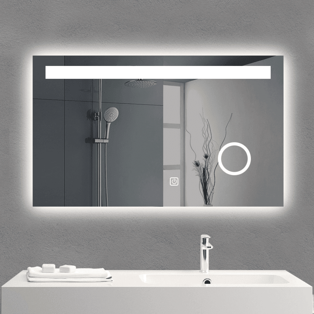 Geometric Frame Frosted LED Mirror – Rectangle Wall-Mount