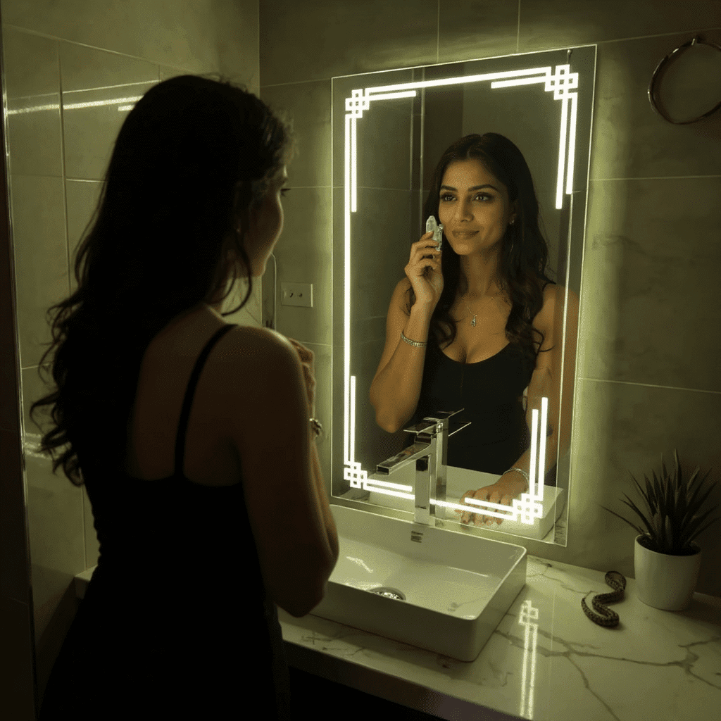 Modern LED Mirror with Geometric Corner Lighting Design