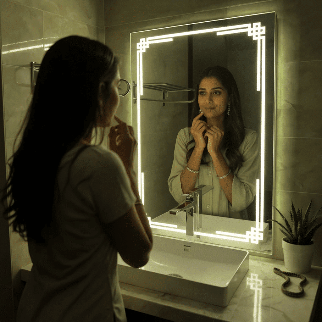 Modern LED Mirror with Geometric Corner Lighting Design