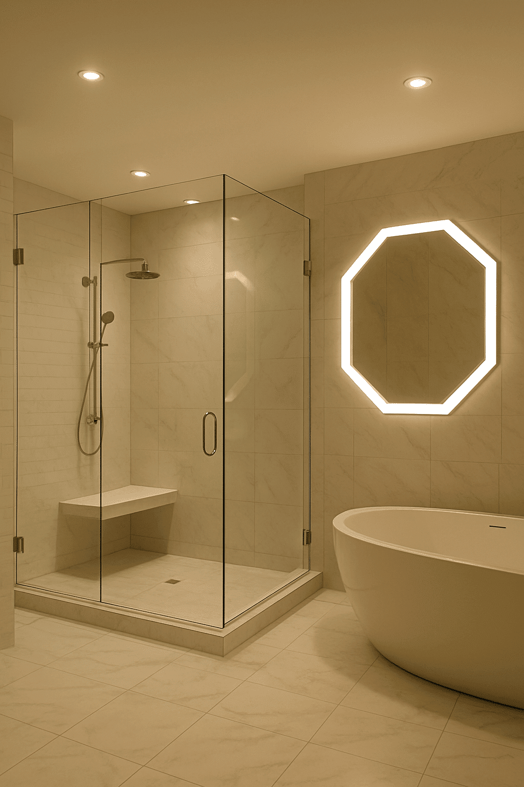 Modern Bathroom with Geometric LED Mirror & Warm Ambient Lighting