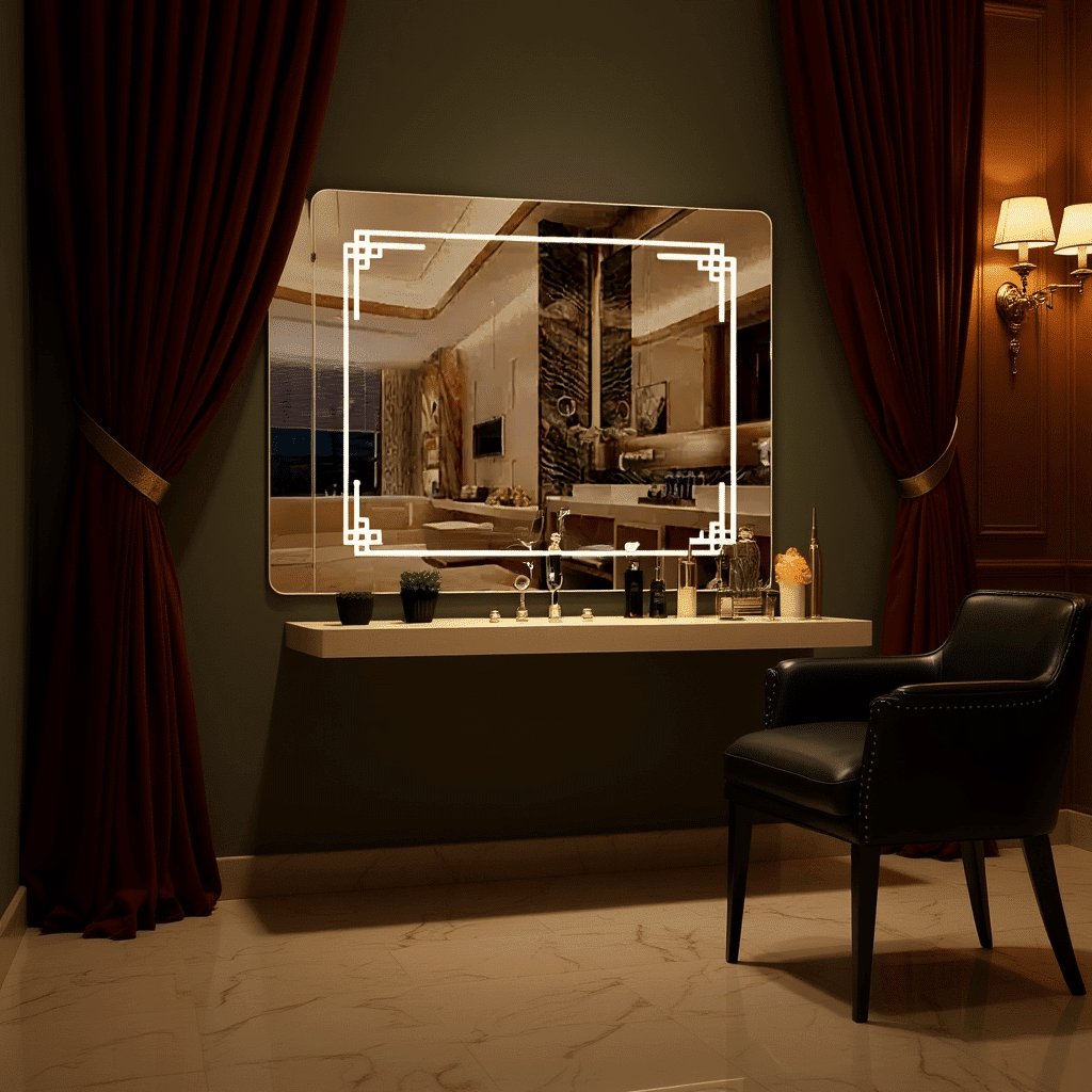 Square LED Mirror with Geometric Corner Light Design