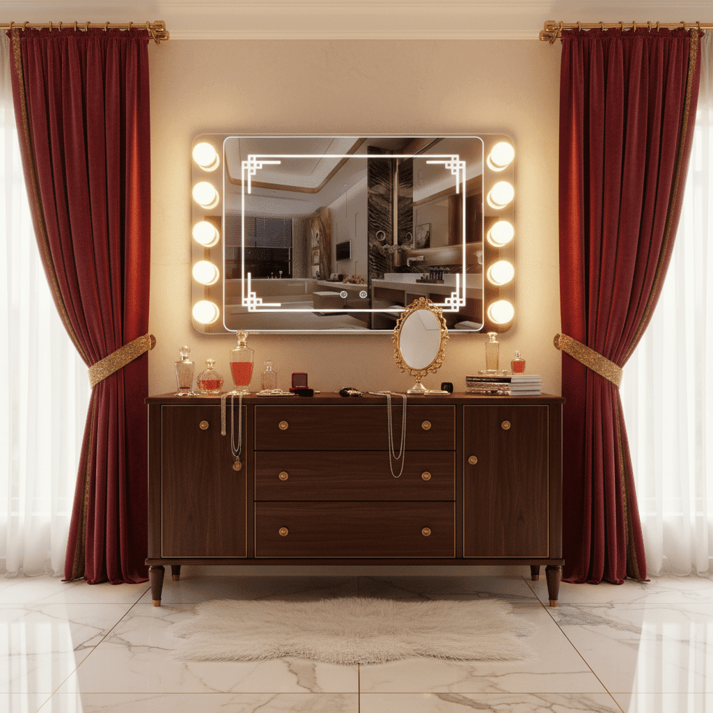 Square LED Mirror with Geometric Corner Light Design