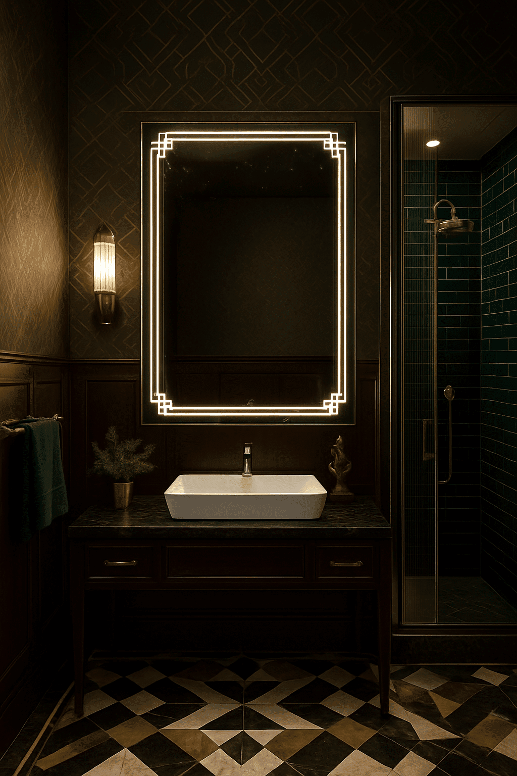 Modern LED Mirror with Geometric Corner Lighting Design