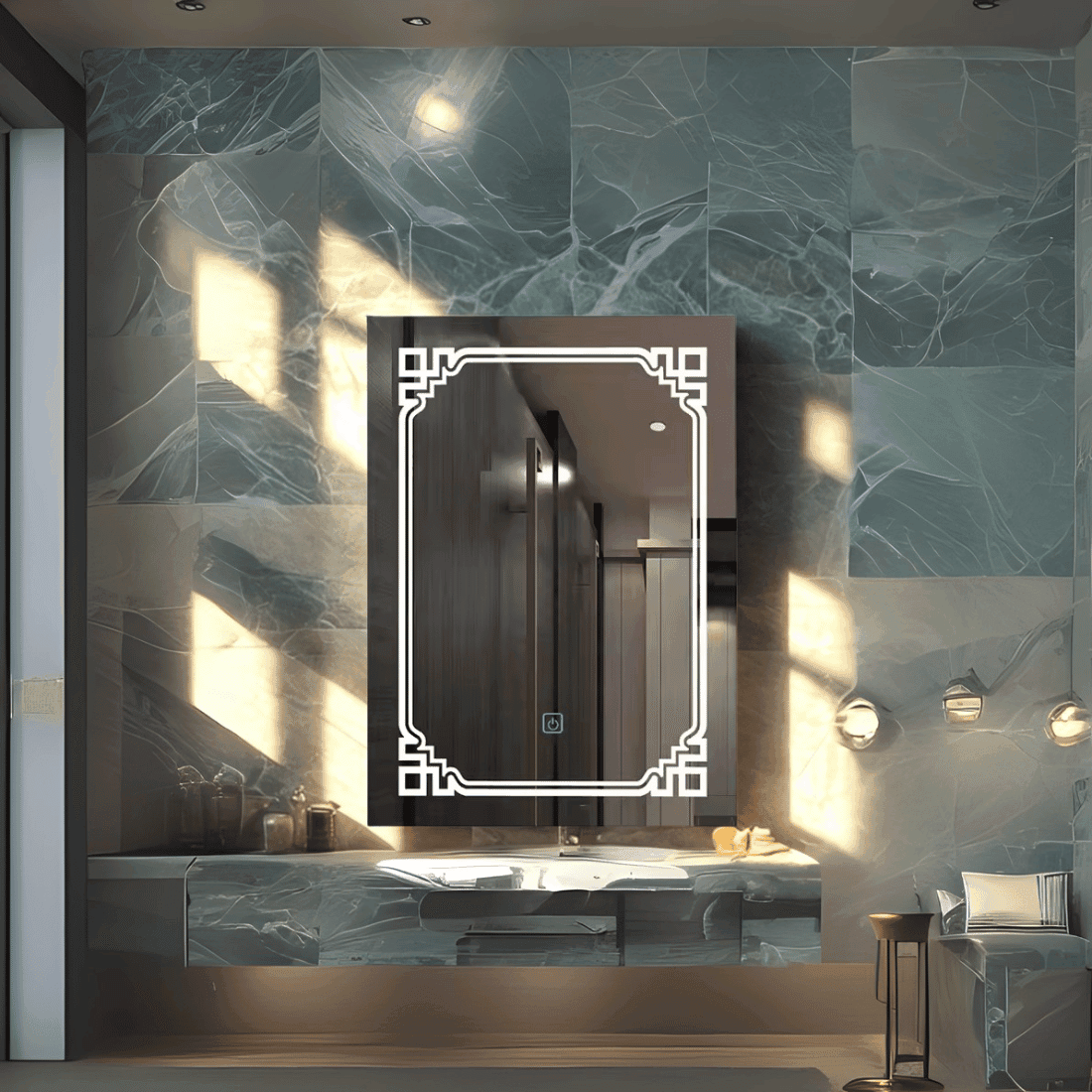 Modern LED Mirror with Geometric Corner Lighting Design