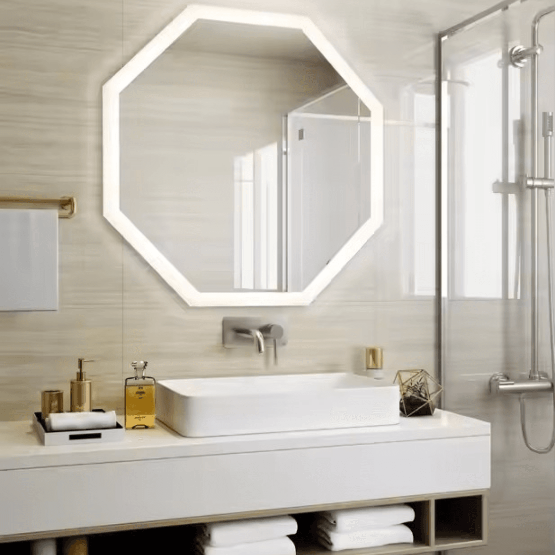 Modern Bathroom with Geometric LED Mirror & Warm Ambient Lighting