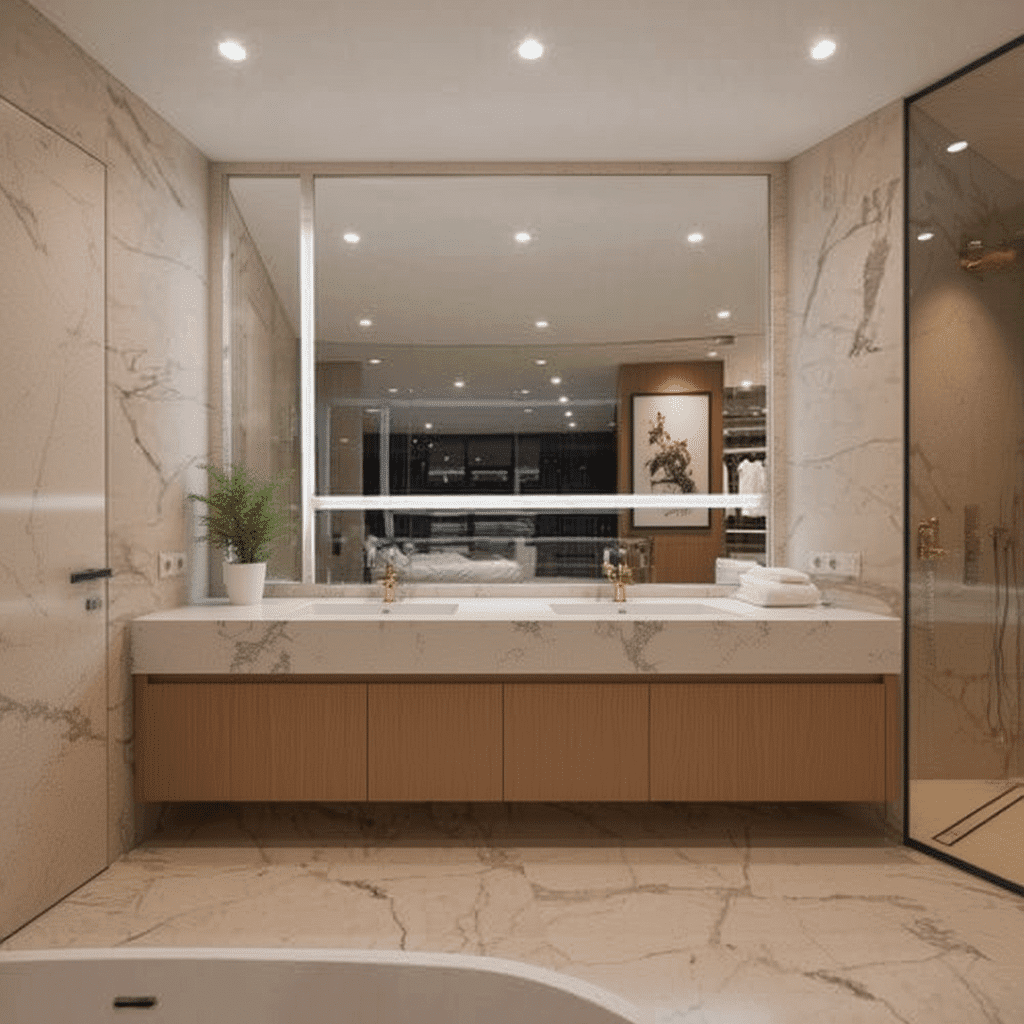 Luxury Marble Bathroom with Full-Length LED Mirror Wall