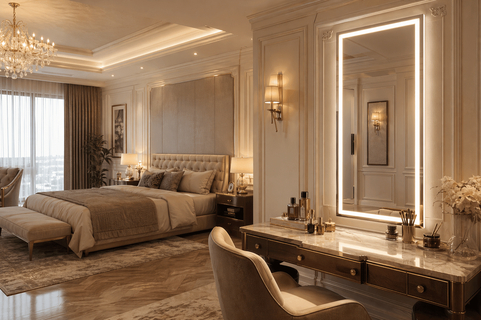 Luxury Bedroom Vanity with Full-Length LED Mirror & Elegant Lighting