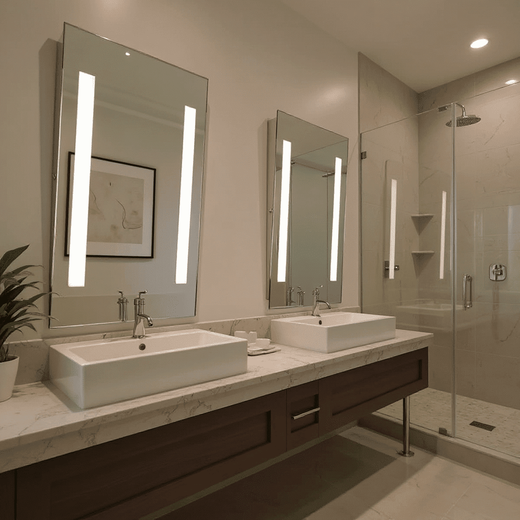 Luxury Double Vanity Bathroom with Vertical LED Mirror Lighting