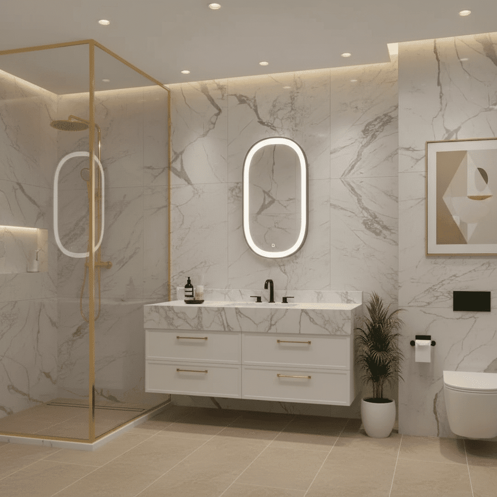 Luxury Marble Bathroom with Oval LED Mirror & Gold Accents