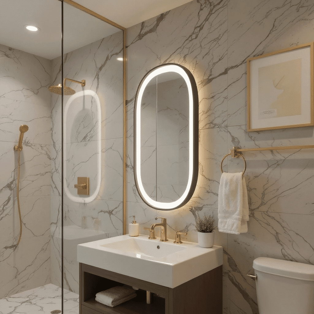 Luxury Marble Bathroom with Oval LED Mirror & Gold Accents