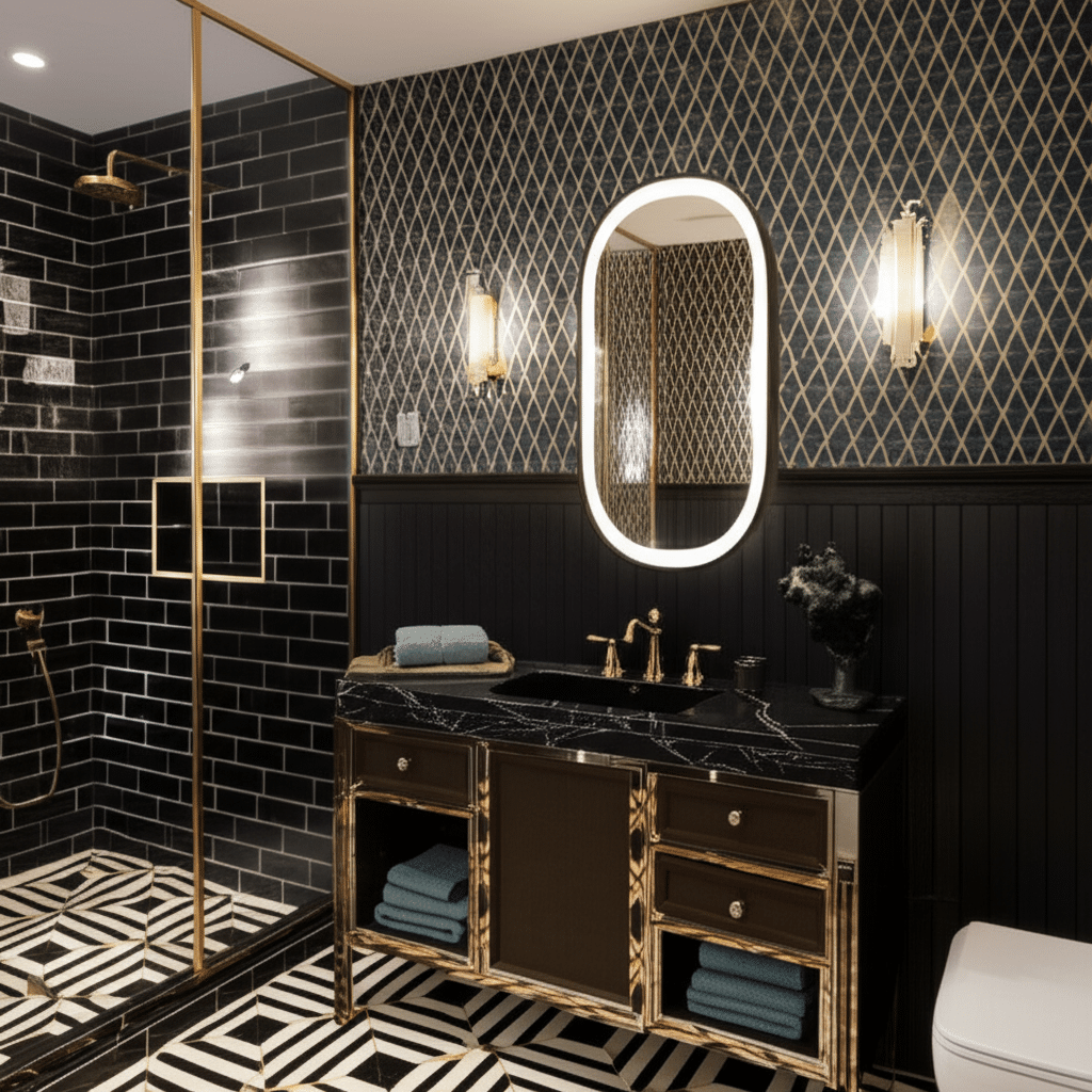 Luxury Marble Bathroom with Oval LED Mirror & Gold Accents