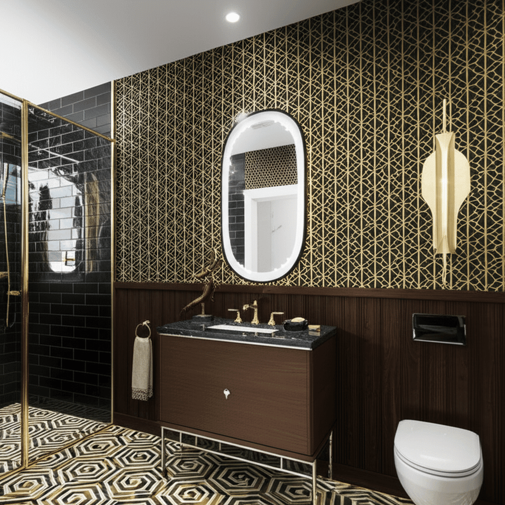 Luxury Marble Bathroom with Oval LED Mirror & Gold Accents