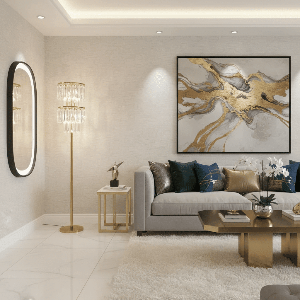 Luxury Marble Bathroom with Oval LED Mirror & Gold Accents