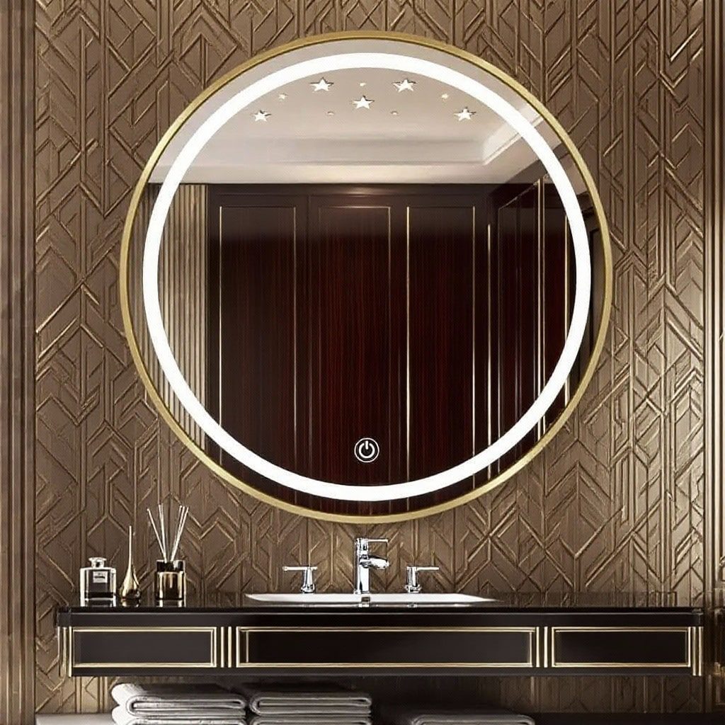Modern Bathroom with Round LED Mirror & Gold Frame Elegance