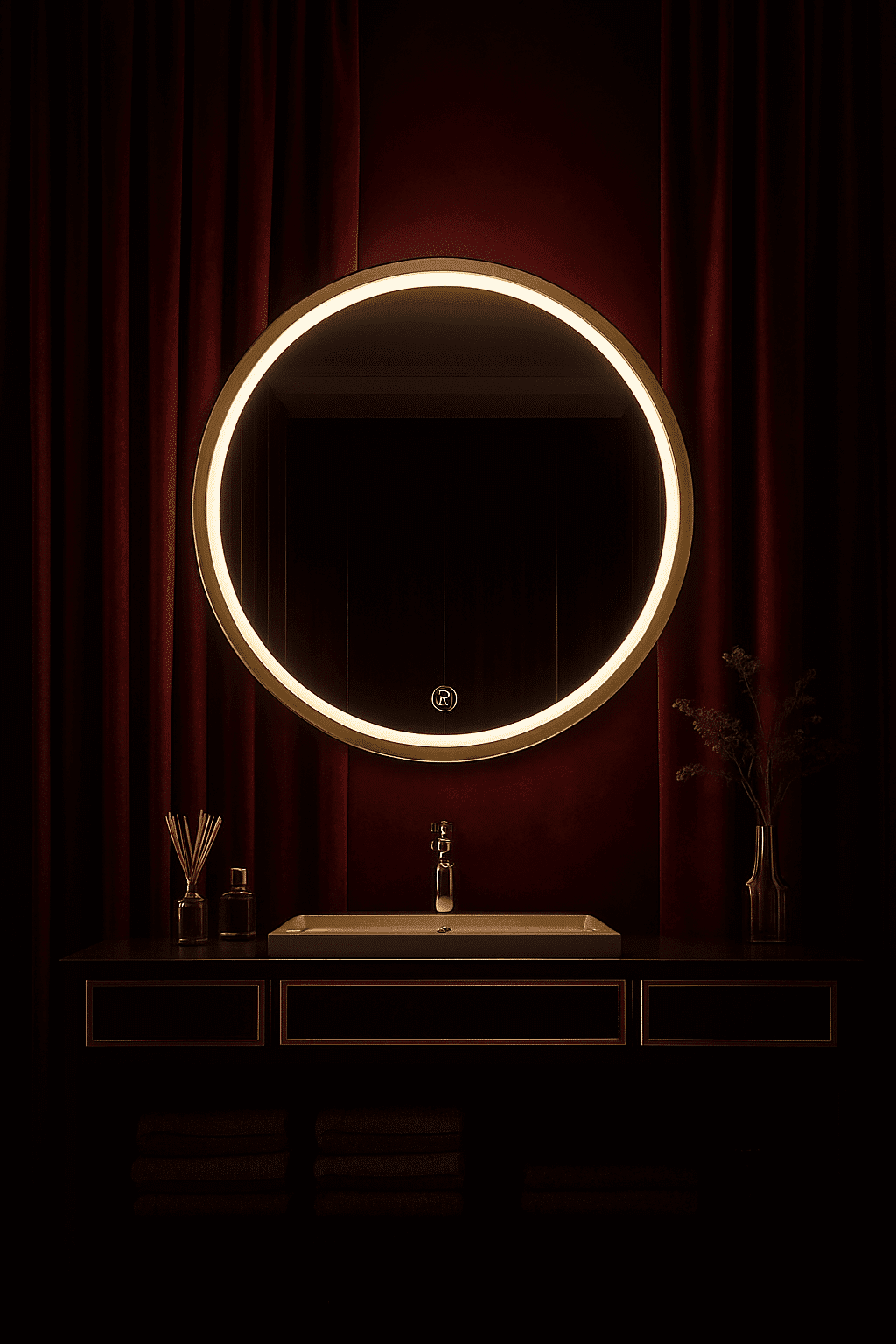Modern Bathroom with Round LED Mirror & Gold Frame Elegance