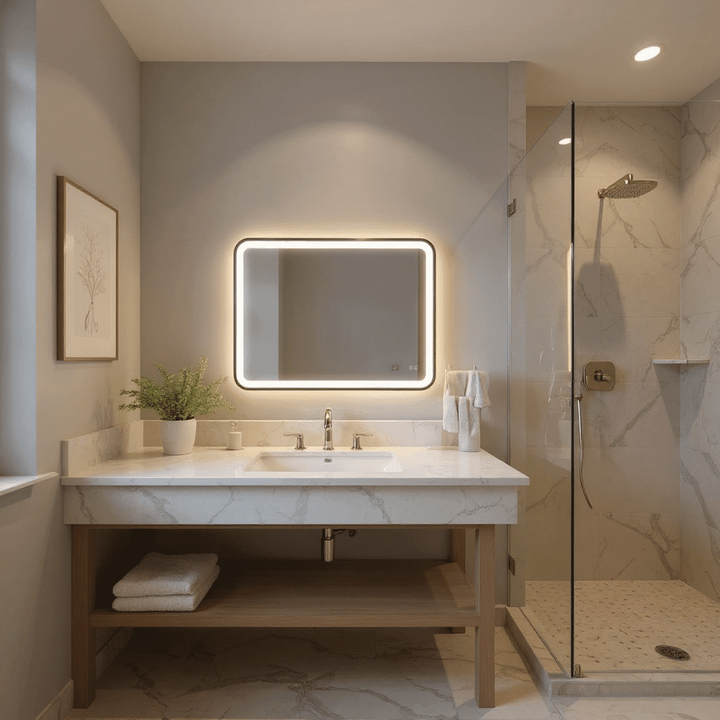 Modern Rectangular LED Mirror – Black Stainless Steel Frame with Shelving