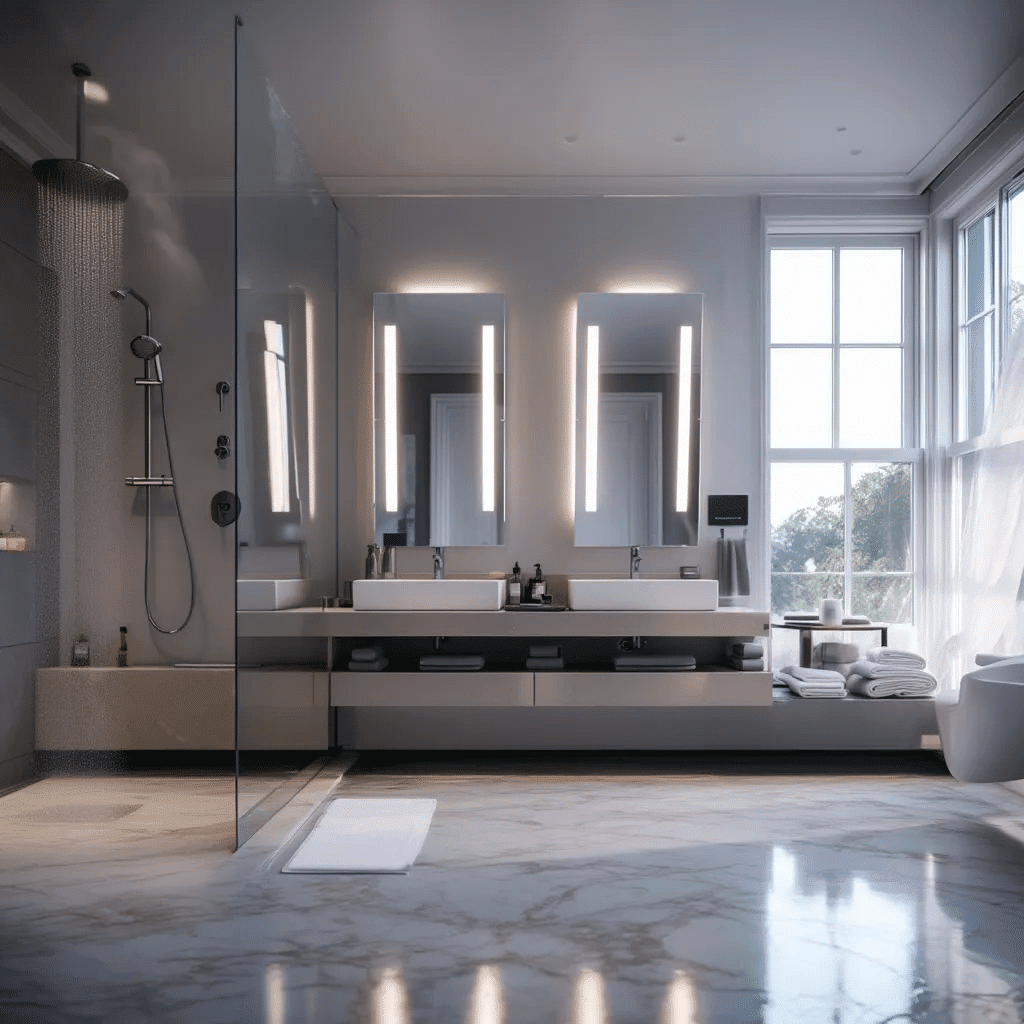 Luxury Double Vanity Bathroom with Vertical LED Mirror Lighting