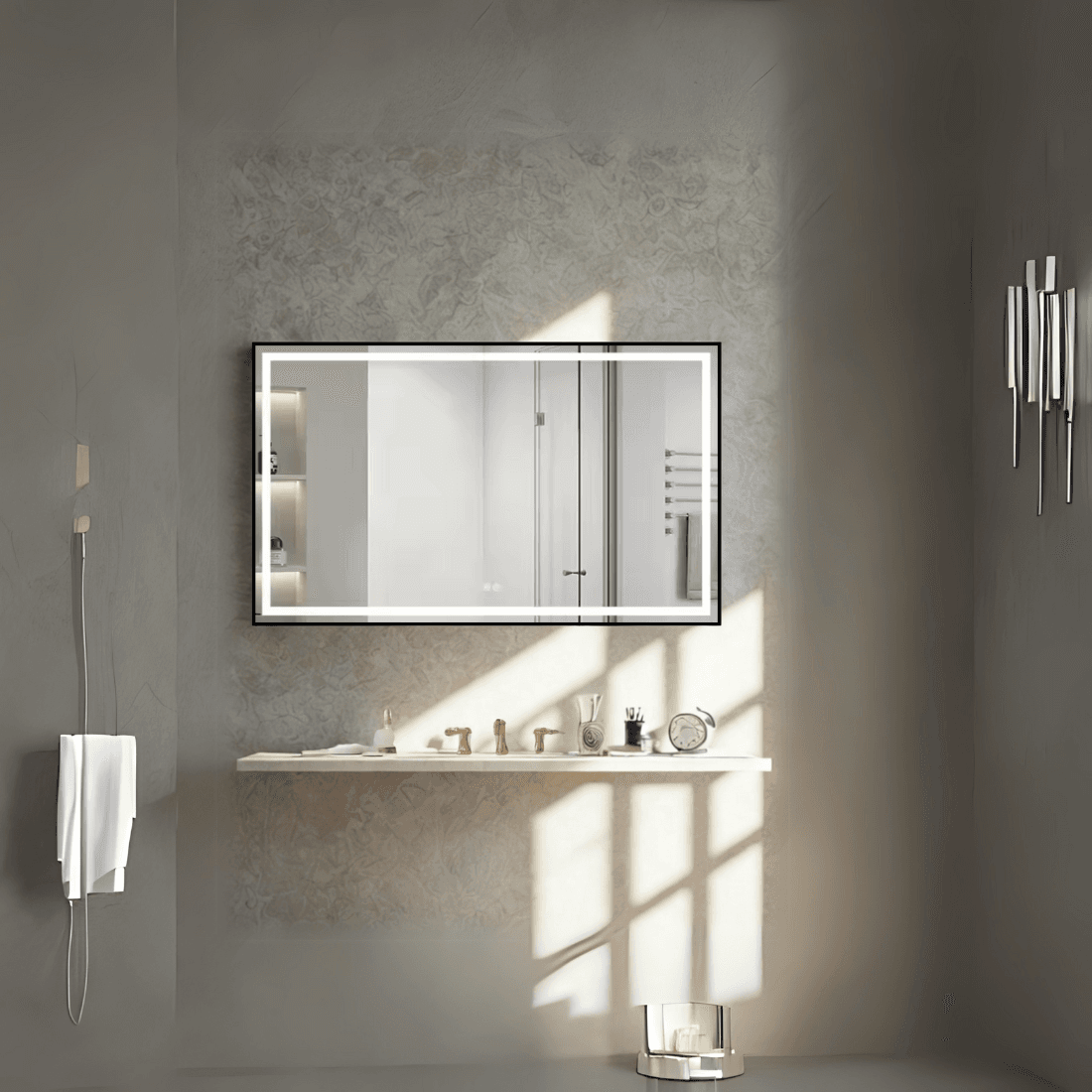 Rectangular LED Bathroom Mirror with Digital Display – Modern Design with Gold Frame