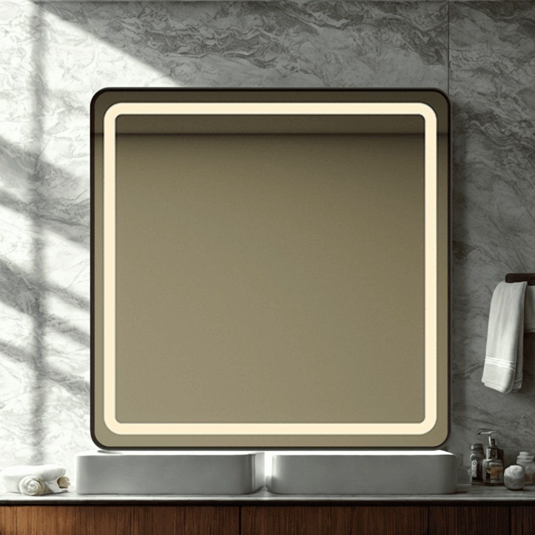 Modern Square Wall LED Mirror with Anodized Aluminum Frame – Gold, Rose Gold, Matte Black, Brushed Silver