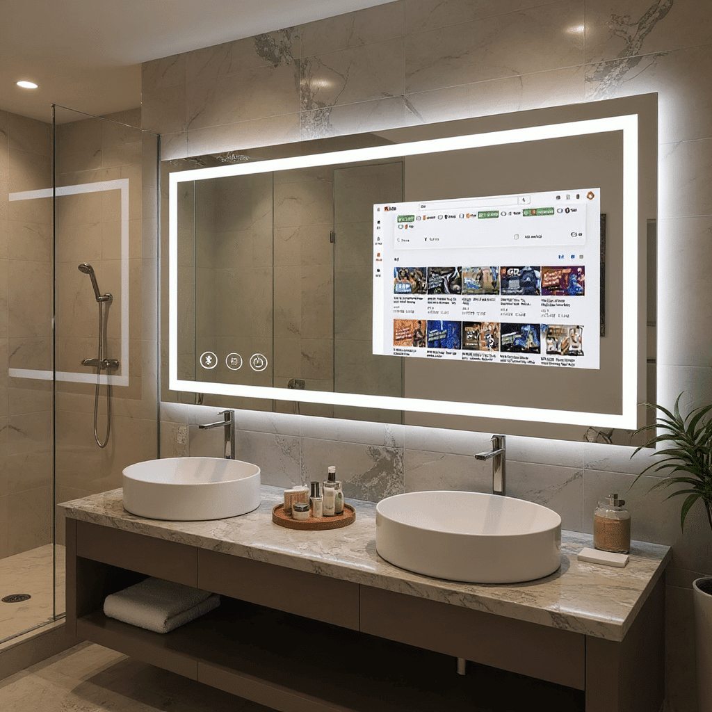High-End Bathroom Mirror with Built-in Entertainment System