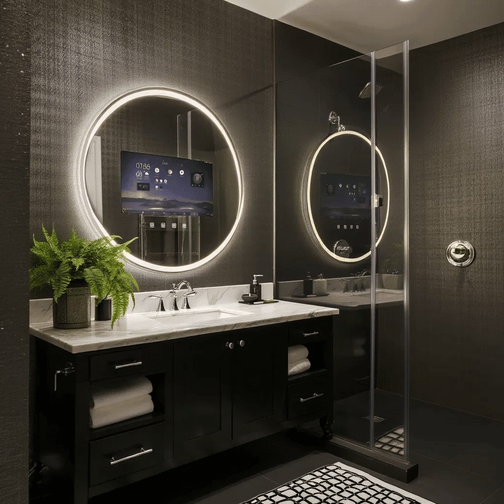Round Smart Android TV LED Mirror with Touch & Remote – Luxury Bathroom Tech with Frame