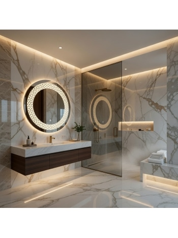 Designer Circular LED Mirror with Decorative Pattern Lighting