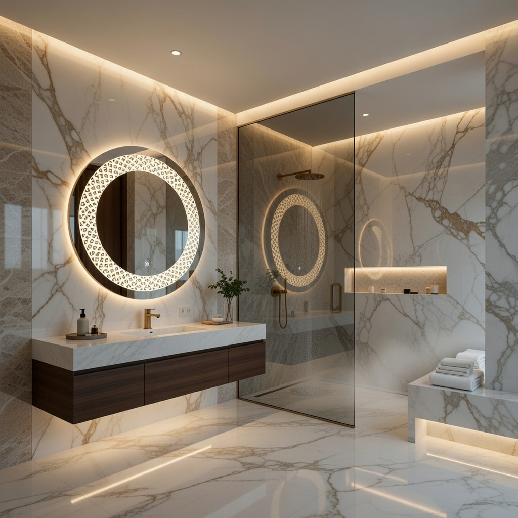 Designer Circular LED Mirror with Decorative Pattern Lighting